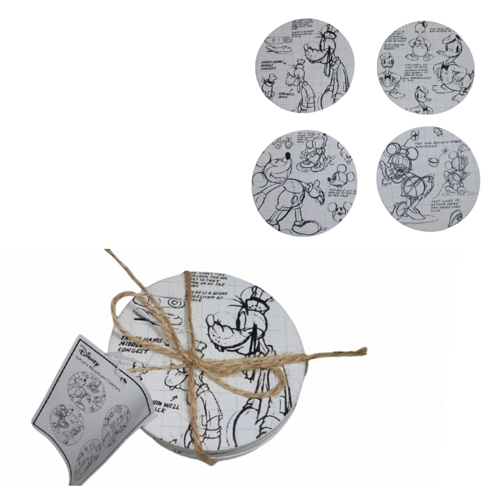 Disney Sketchbook Of 4 Absorbent Coasters Mickey, Minnie, Goofy & Donald New